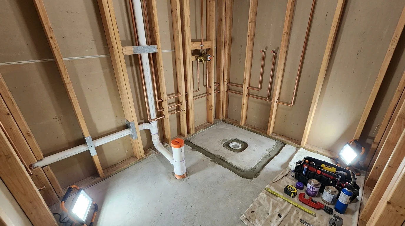 Bathroom rough-in plumbing during remodel by Johns Plumbing LLC in Hollis Center