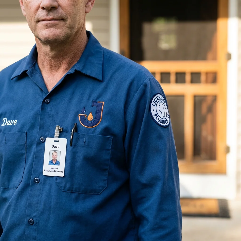 Licensed plumber showing ID badge in Hollis Center, ME