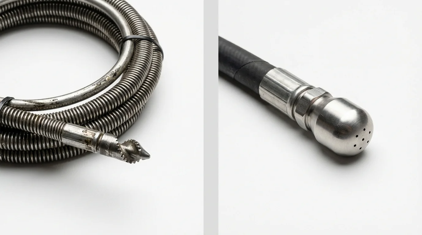 Drain snake cable and hydro jetting nozzle used for drain cleaning in Hollis Center, ME