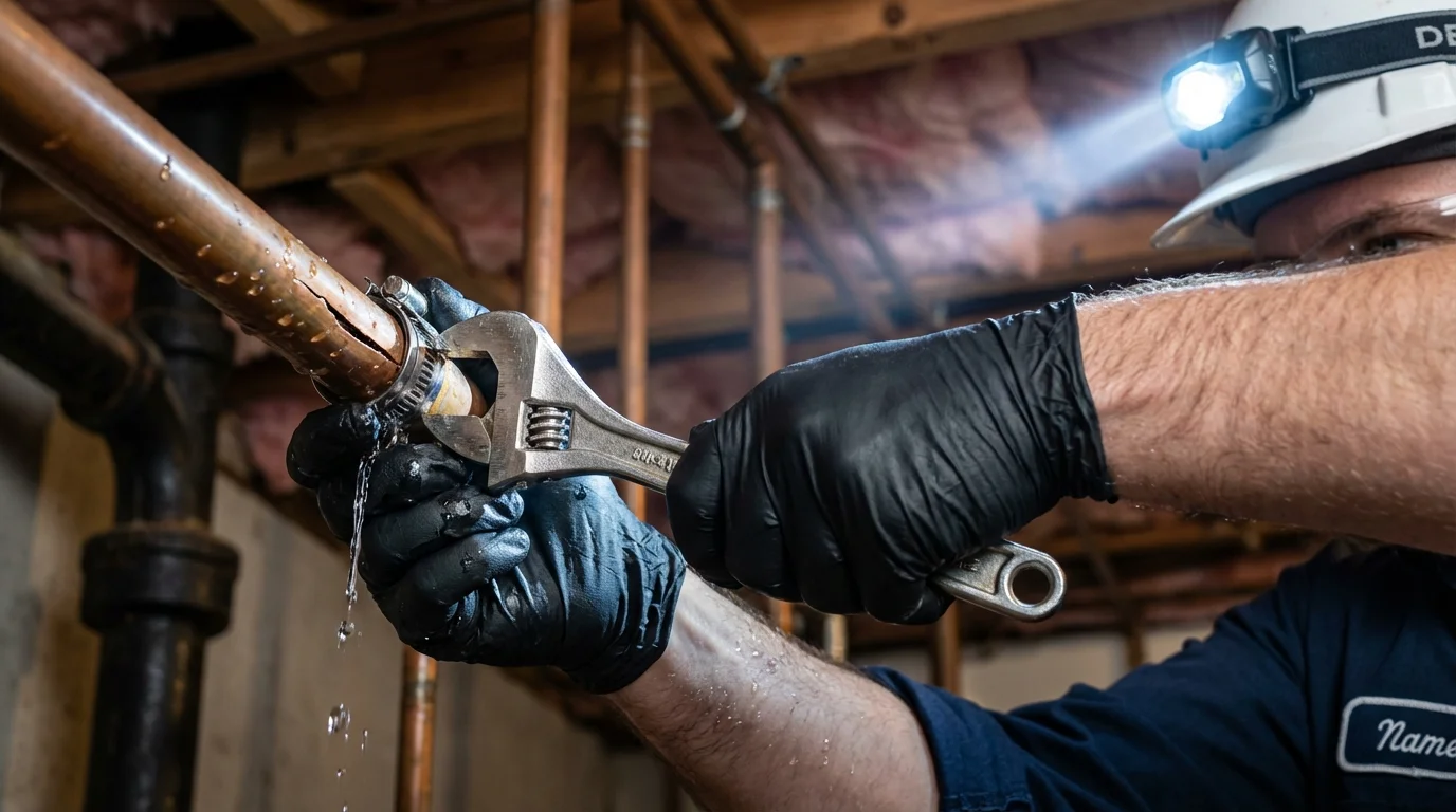 Emergency pipe clamp repair being performed by a Johns Plumbing LLC plumber in Hollis Center