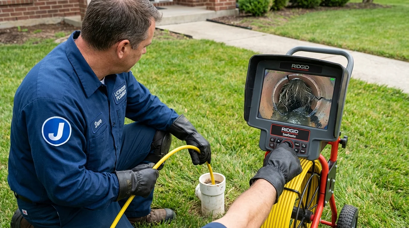 Sewer camera inspection being performed by Johns Plumbing LLC in Hollis Center