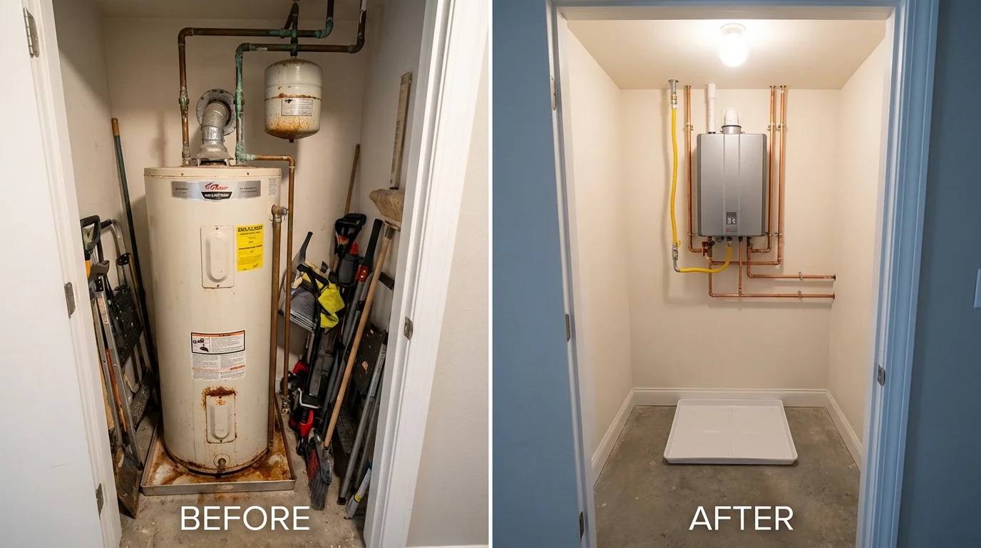 Tank water heater versus wall-mounted tankless unit comparison for Hollis Center, ME homeowners