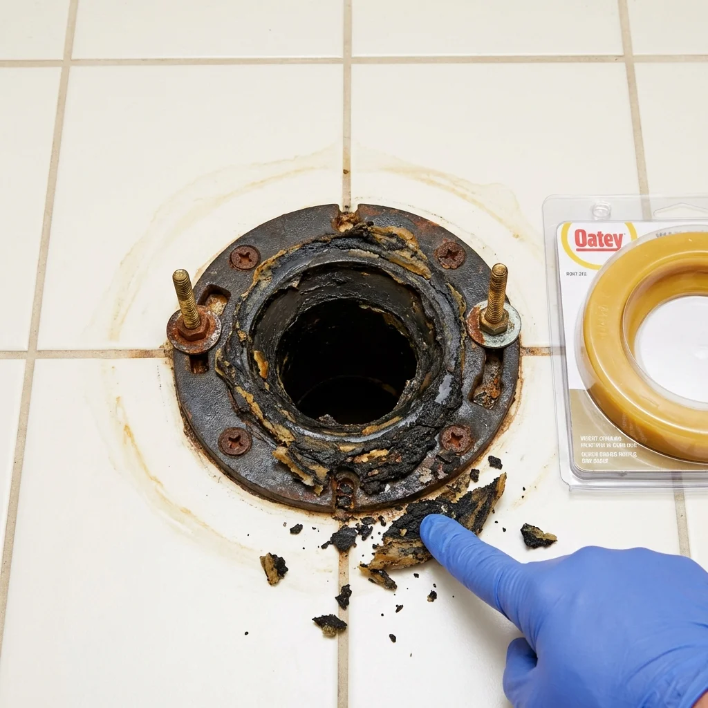 Failed wax ring showing water seepage at the base of a toilet in a Hollis Center, ME home