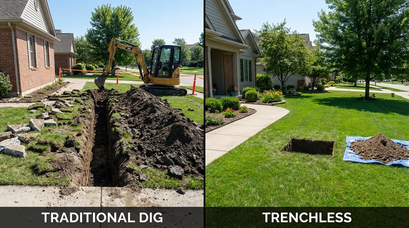 Trenchless sewer repair with minimal yard damage versus traditional excavation in Hollis Center, ME