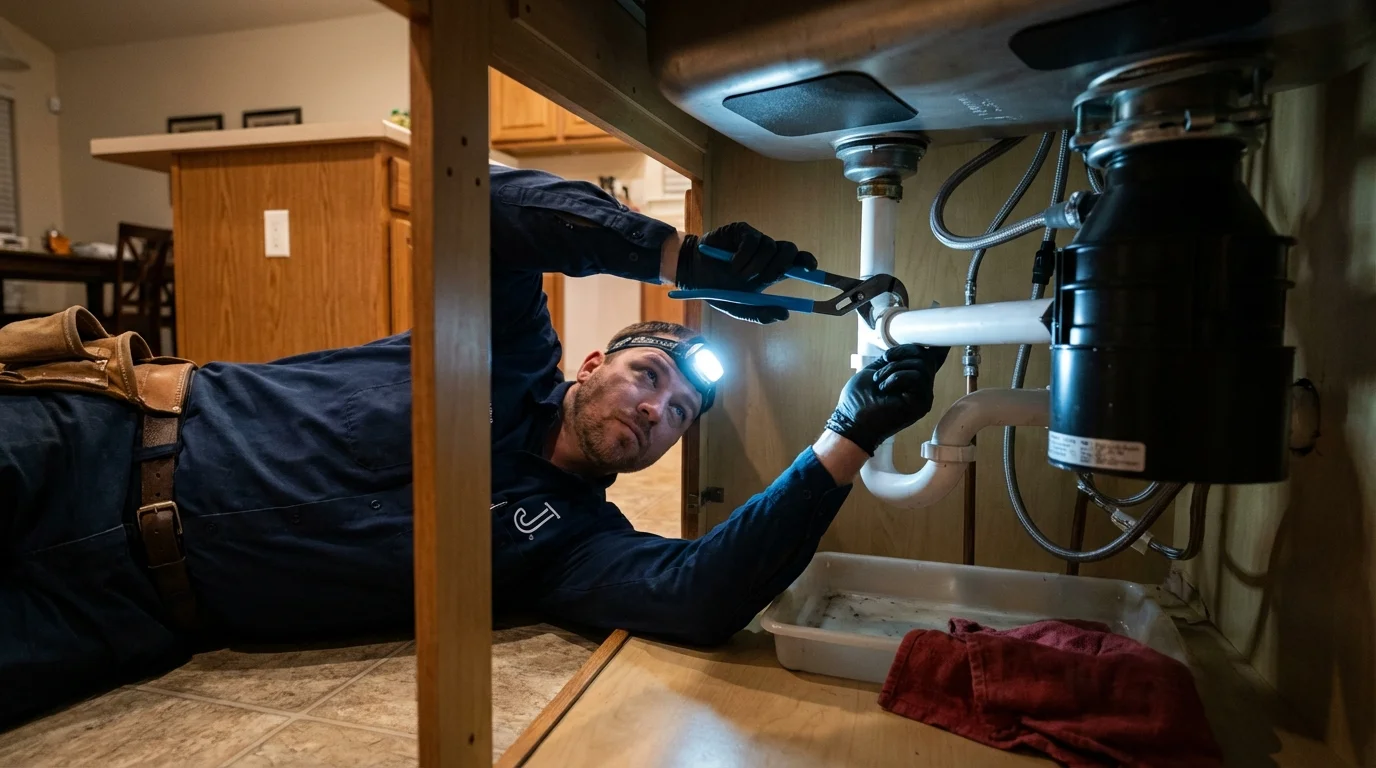 P-trap and supply line connections under a kitchen sink showing a common leak point in Hollis Center, ME